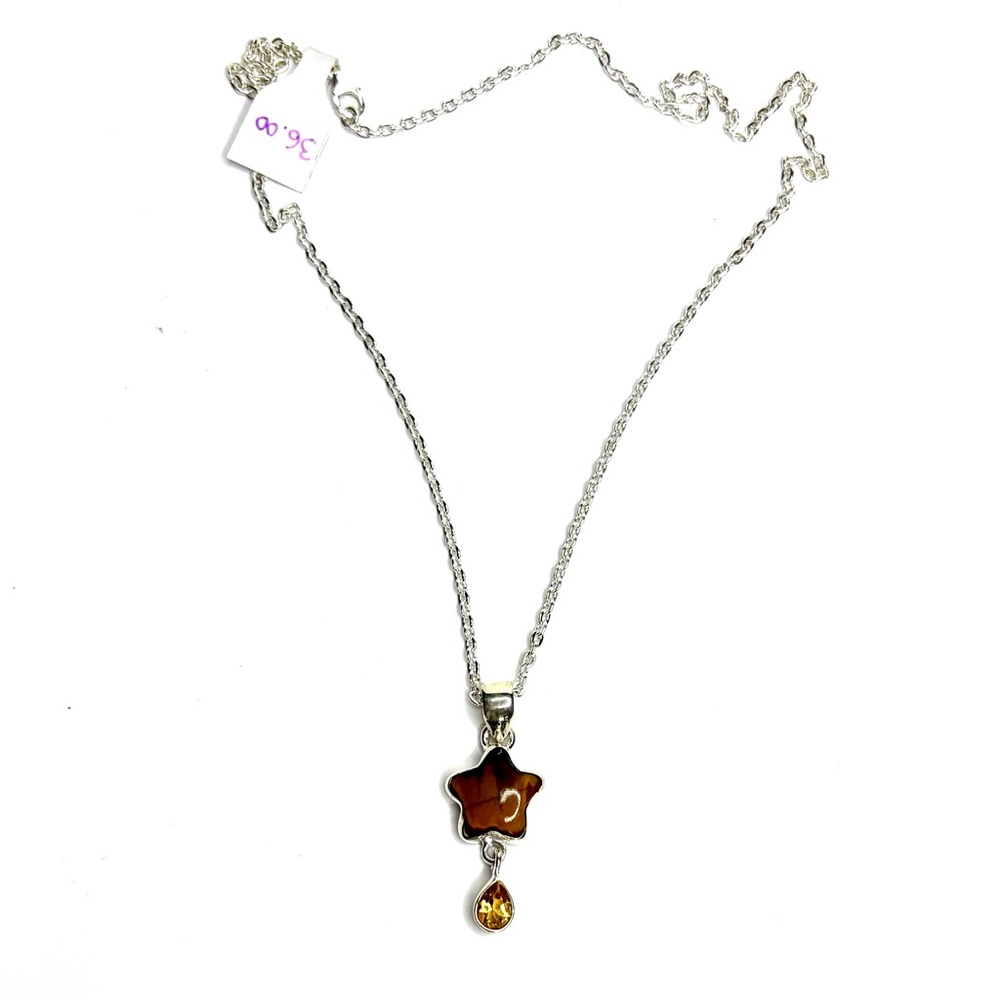 Tiger Eye & Citrine Natural Gemstone Sterling Silver Star Pendant on 18 in Chain